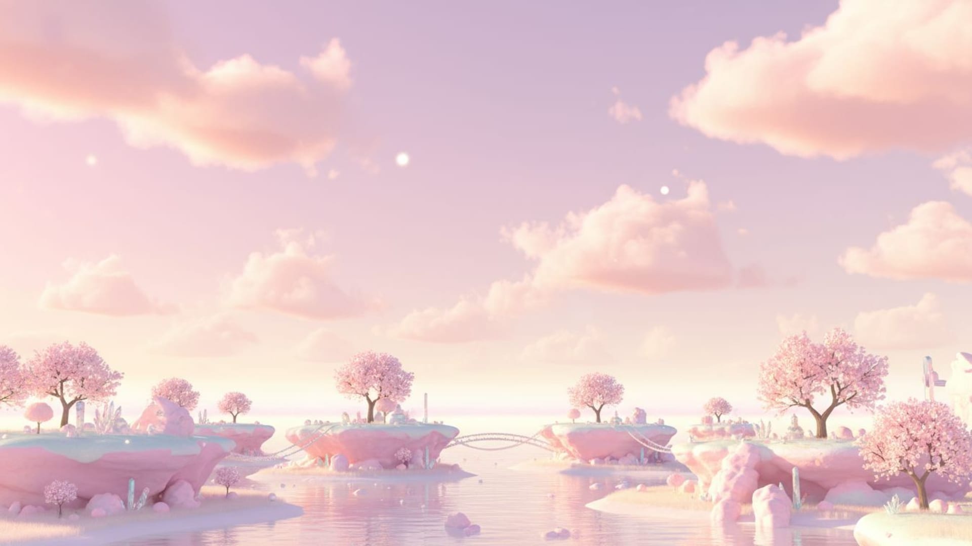 fond ecran représentant un paysage surréaliste avec des nuages roses rêveurs et un ciel pastel dégradé doux.