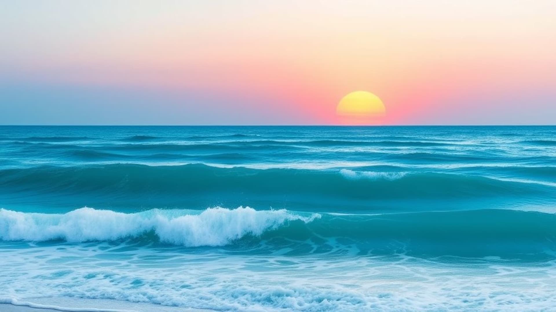 Vagues océaniques coucher de soleil côtier palmiers bleu turquoise dégradé pastel fond d'écran marin paisible apaisant motif