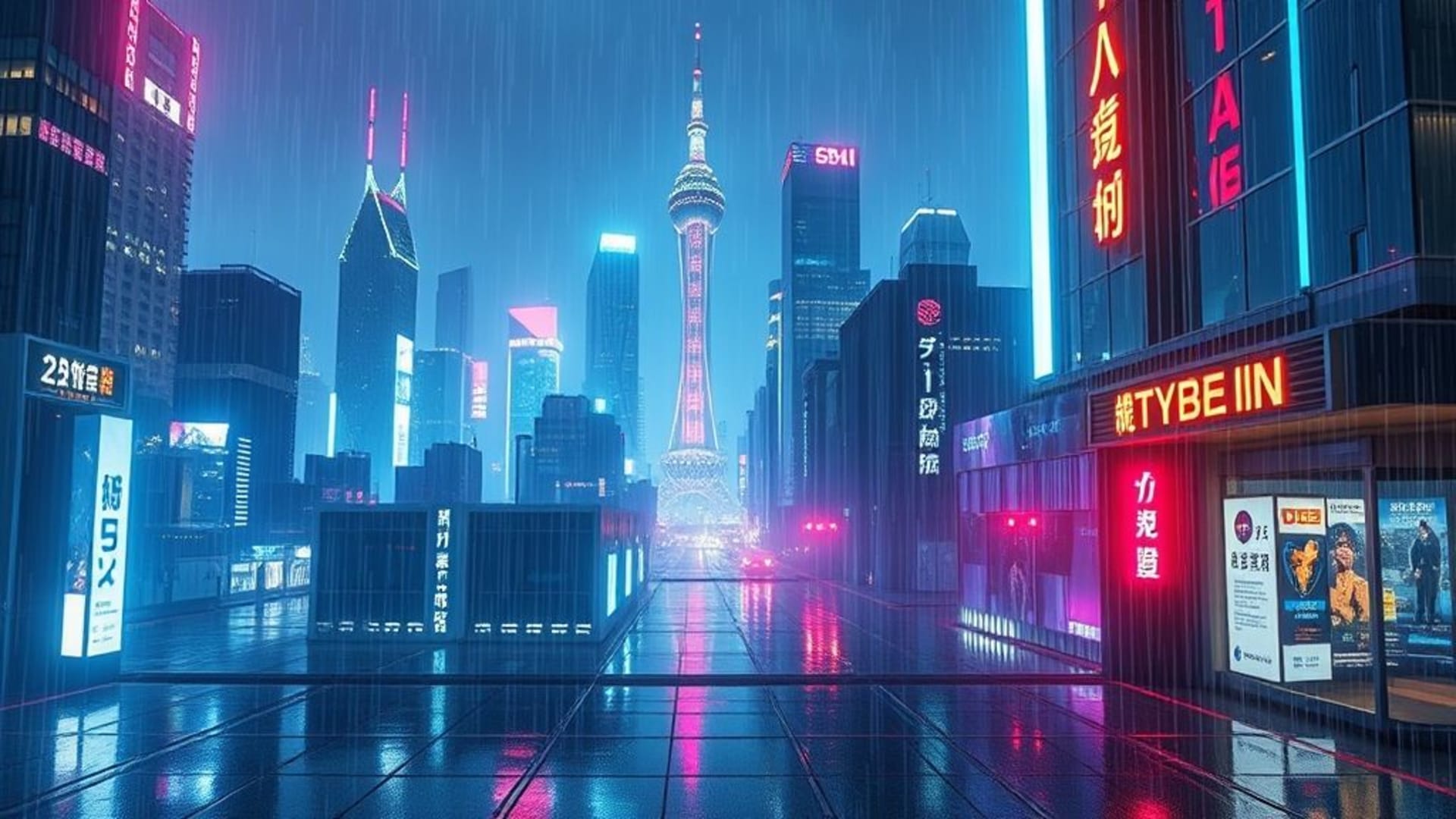 ville cyberpunk pluie de néons parapluies science-fiction grille texture holographique horizon futuriste fond d'écran nuit