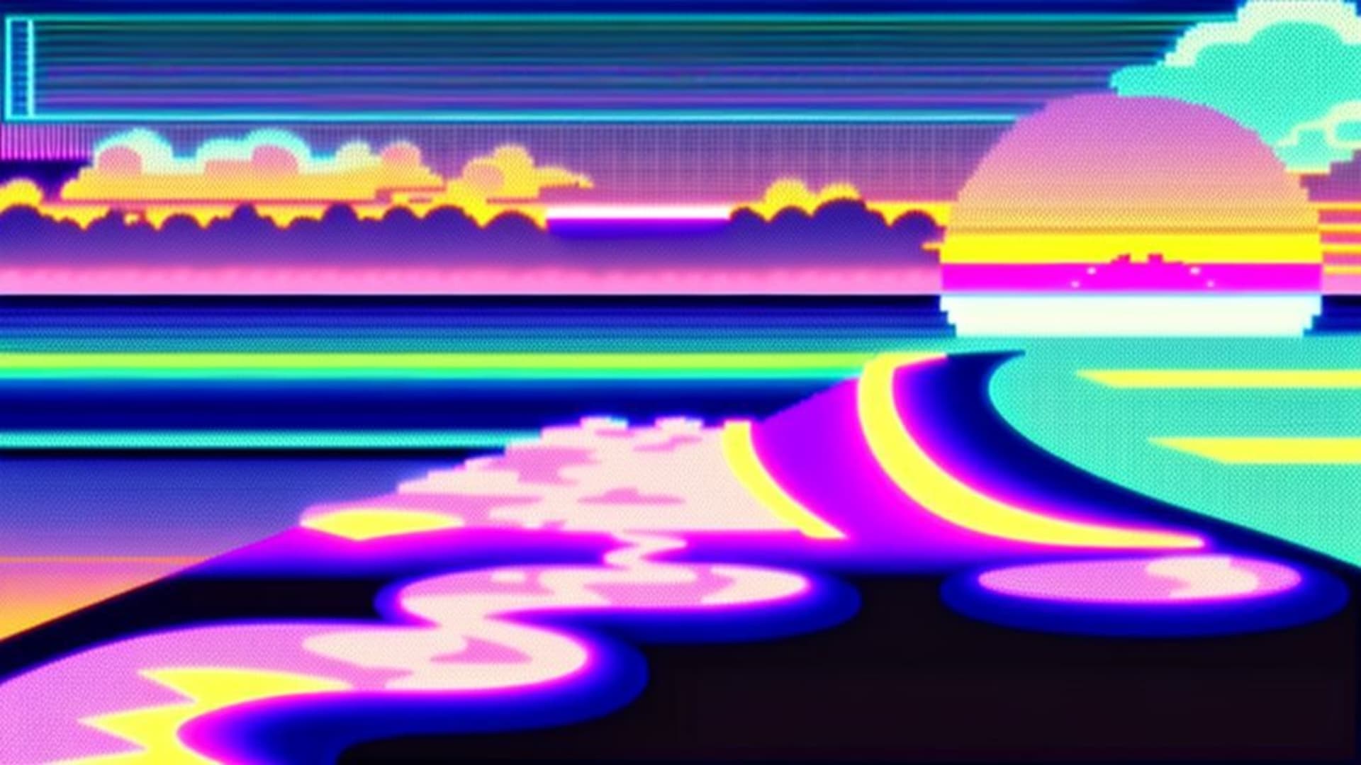 vaporwave rétro années 80 synthwave rose violet teal grille île palm coucher de soleil fond d'écran nostalgique