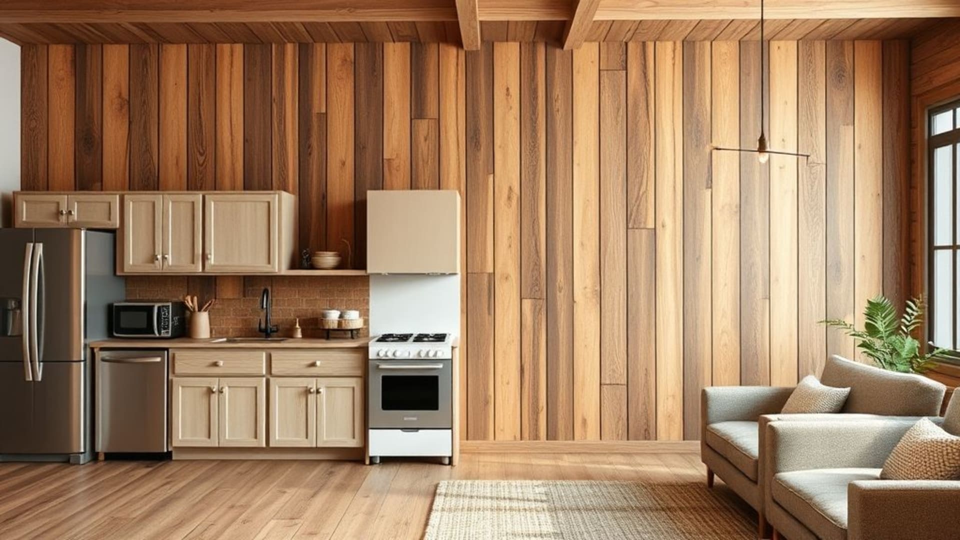 panneau en bois rustique grain naturel chaud marron fond ecran confortable cabine cuisine salon