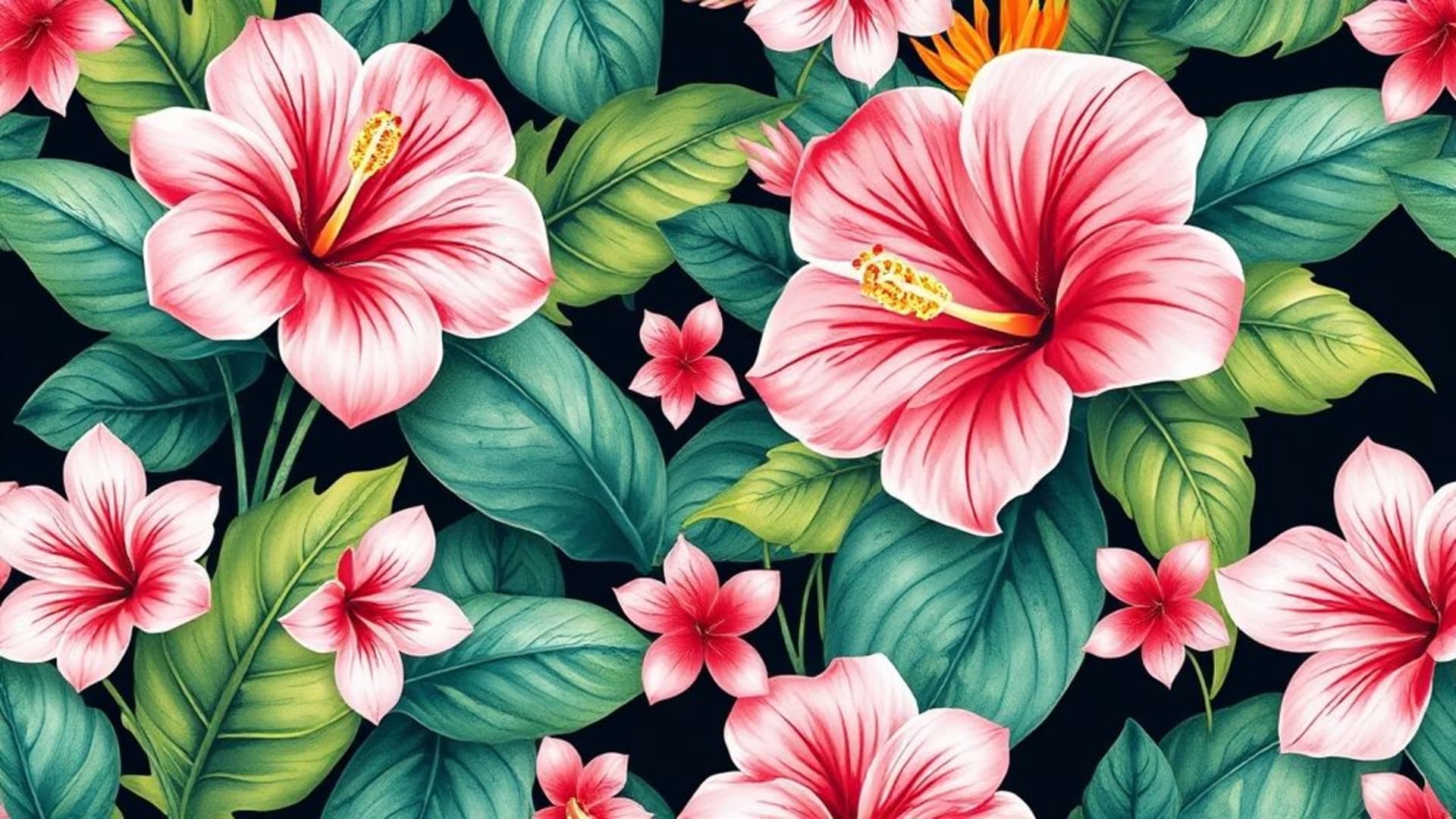 fond ecran de jardin botanique floral tropical hortensia monstera feuilles de palmier motif aquarelle pastel