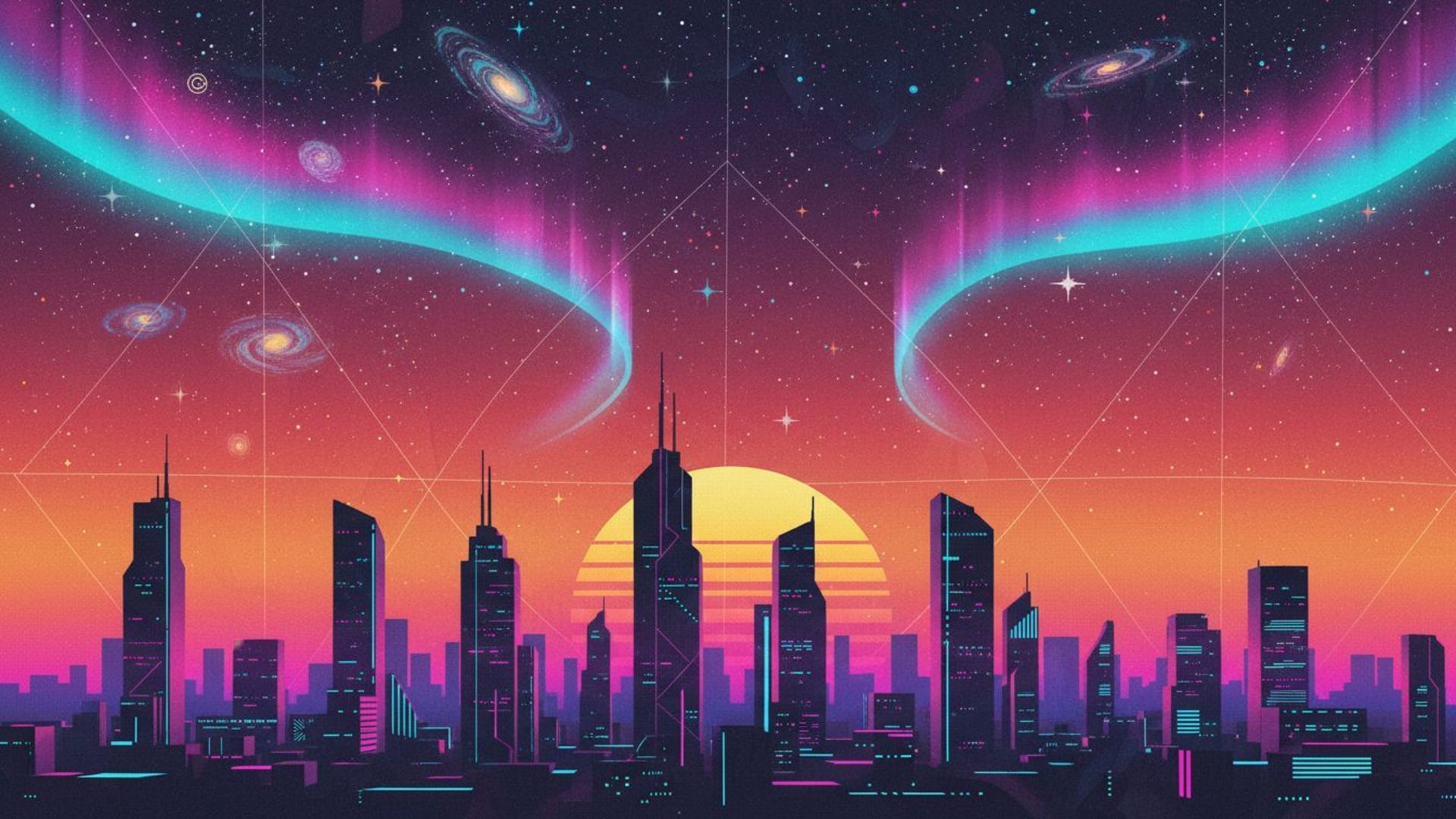 paysage urbain néon coucher de soleil vaporwave dégradé art abstrait textures lignes motifs minimalisme bureau aurore boréale paysage onirique espace galaxies étoiles œuvre numérique
