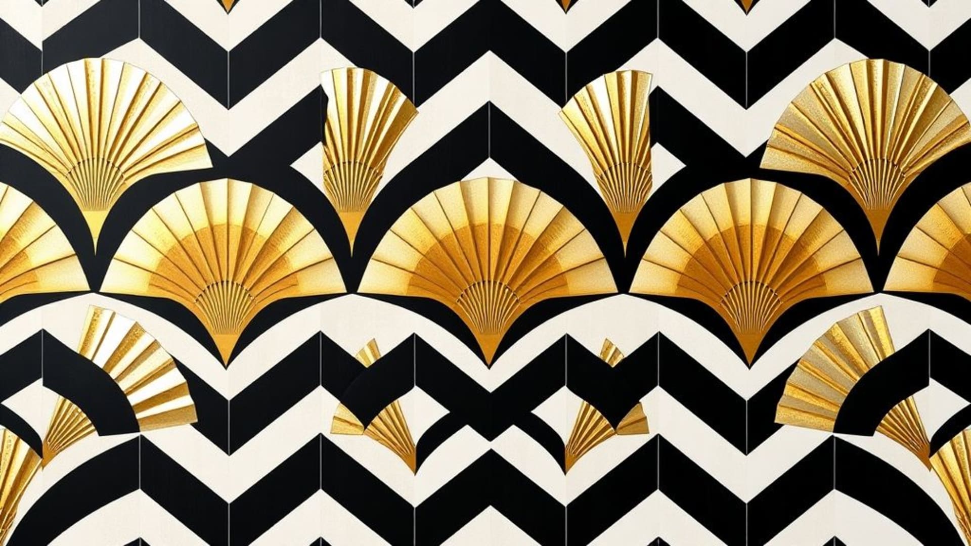ventilateurs géométriques art déco chevrons doré métallique noir blanc fond ecran luxueux glamour