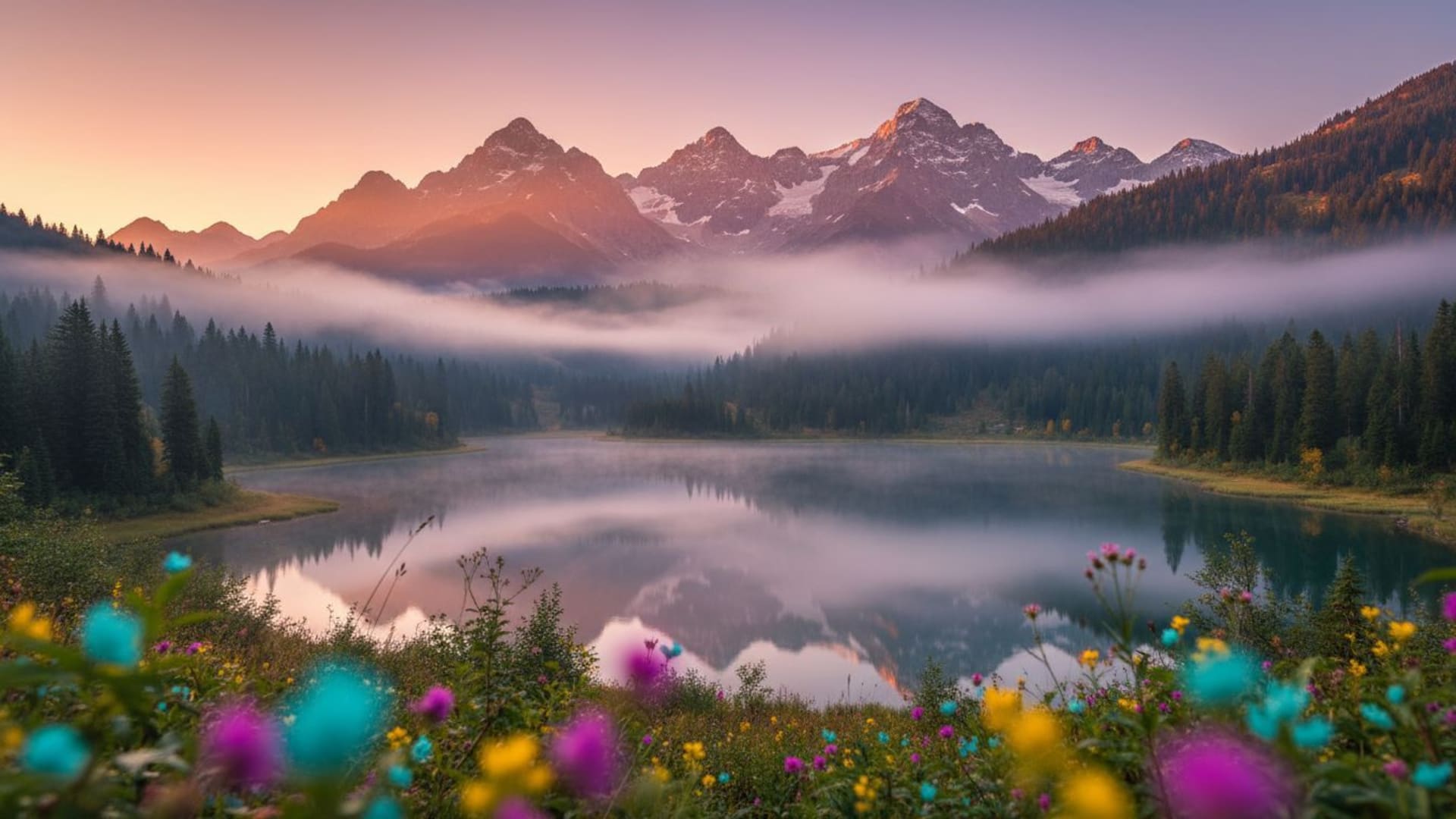 paysage de montagne au lever du soleil brume lac alpin forêt bokeh photographie nature textures de fond d'écran nature calme zen dégradés couleurs vives esthétique hippie