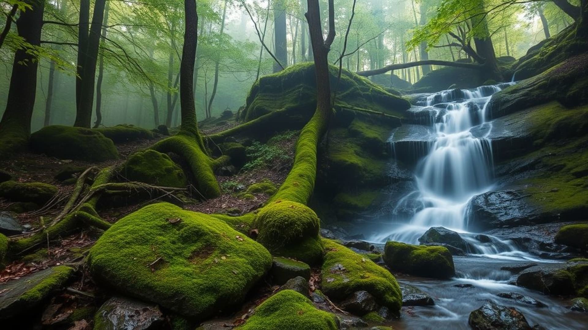 brume de forêt mousse verte rochers cascade fond ecran paysage serein tranquille échappée nature