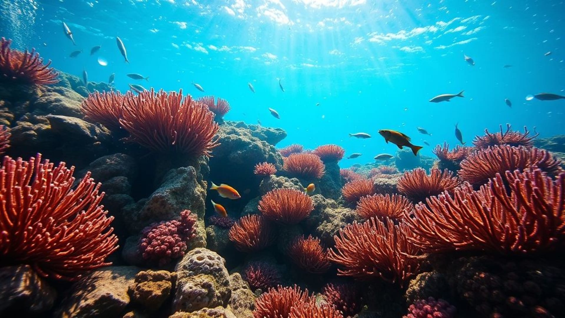 barrière de corail sous-marine poissons tropicaux eau bleue bulles fond ecran océanique calme