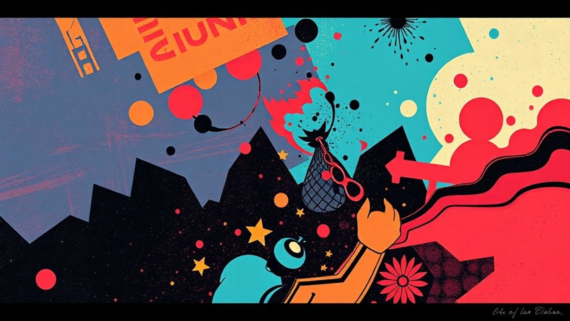 Affiche rétro en sérigraphie, art inspiré par des textures abstraites, fond d'écran audacieux et coloré