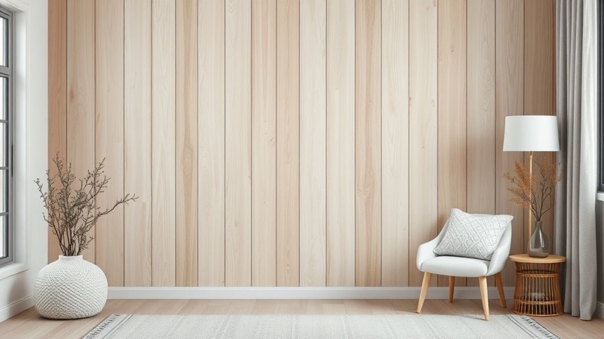 Panneau mural scandinave minimaliste en bois clair gris blanc chaud et douillet