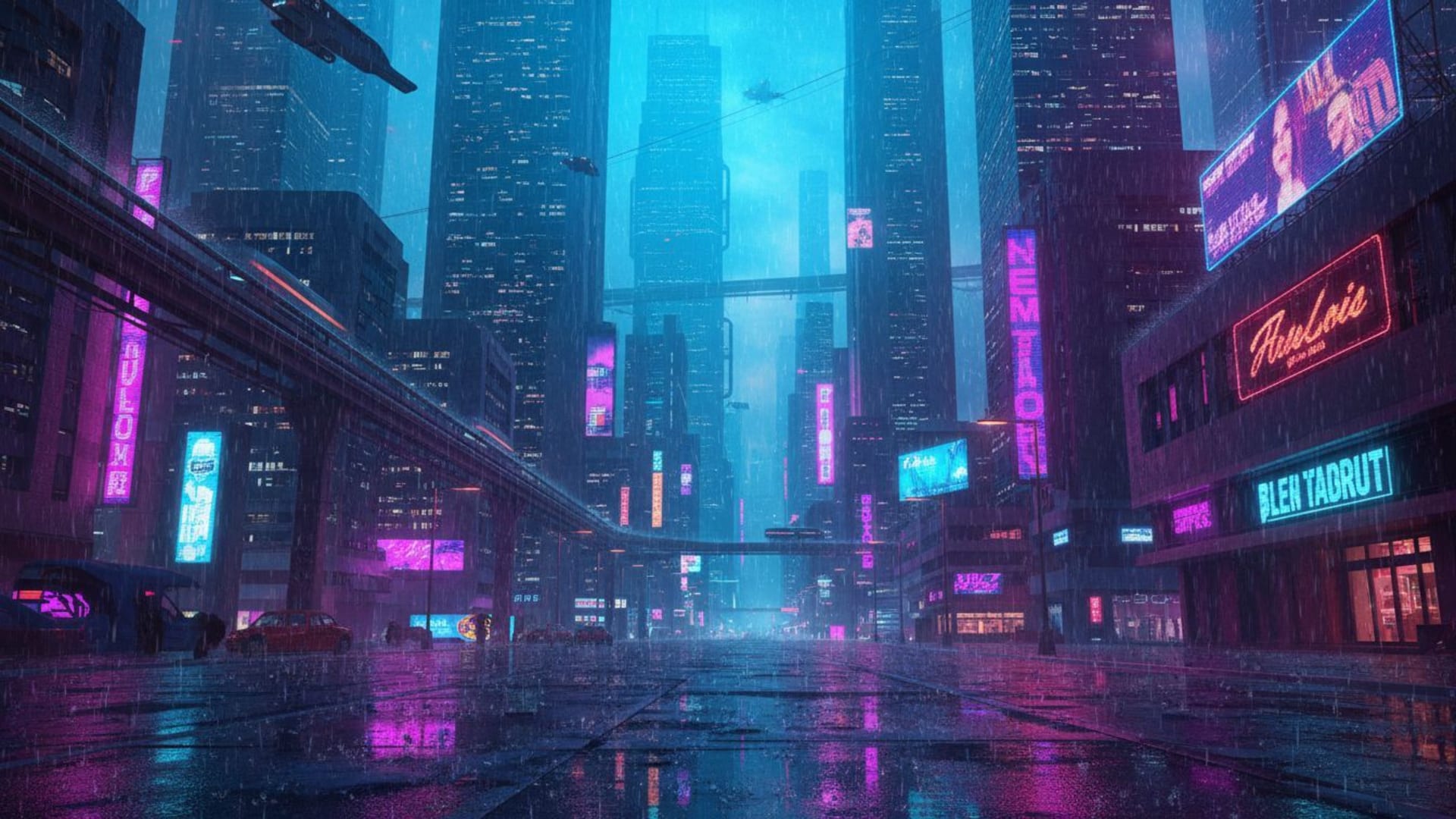 Des lumières de ville néon cyberpunk, des reflets de pluie, du brouillard, des gratte-ciel futuristes, un crépuscule synthwave, une palette bleu électrique et magenta, une ambiance techno.