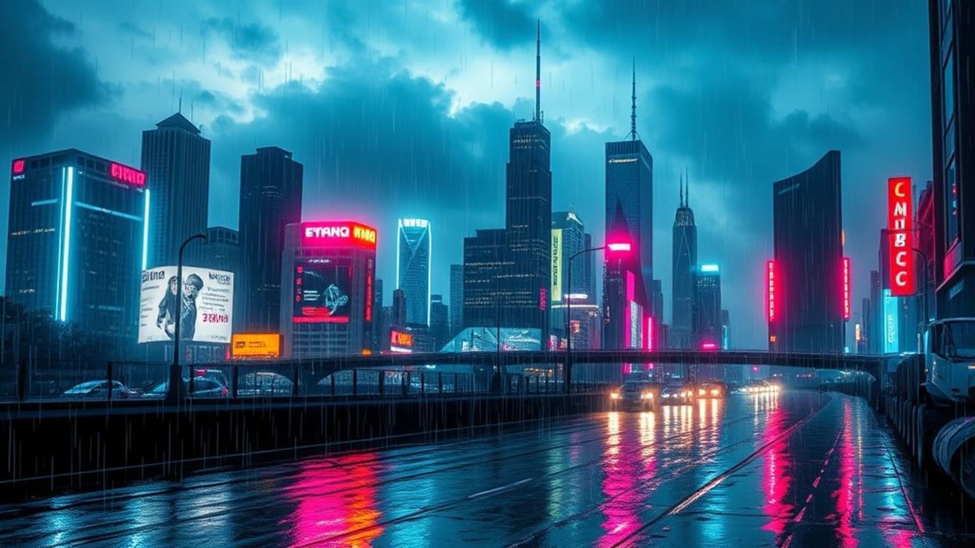 Paysage urbain cyberpunk néon pluie reflets skyline futuriste vibrant sombre ambiance fond d'écran