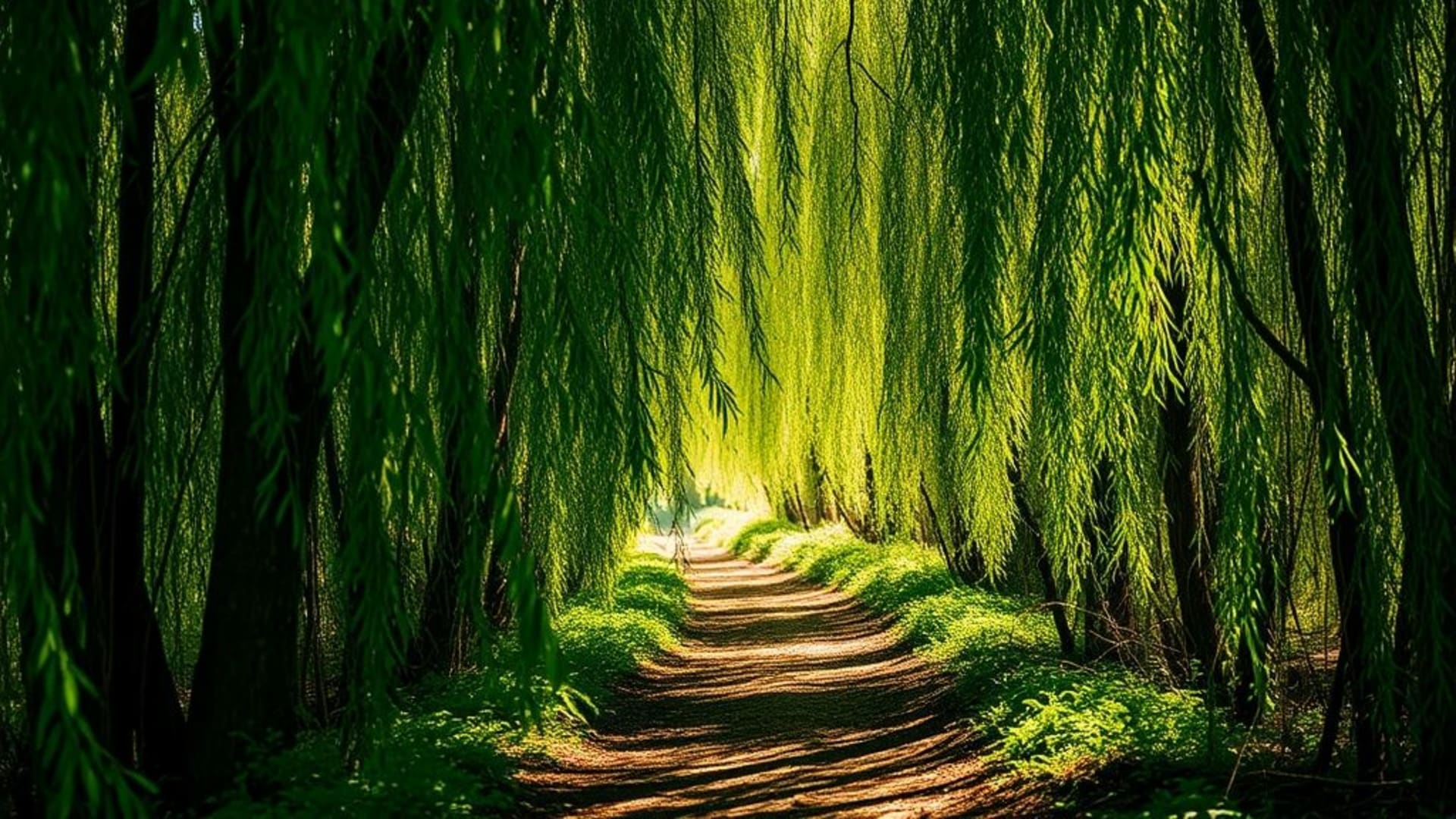Chemin forestier de saules, lumière tamisée, éclats de lumière, flou artistique, nature, fond ecran, évasion paisible