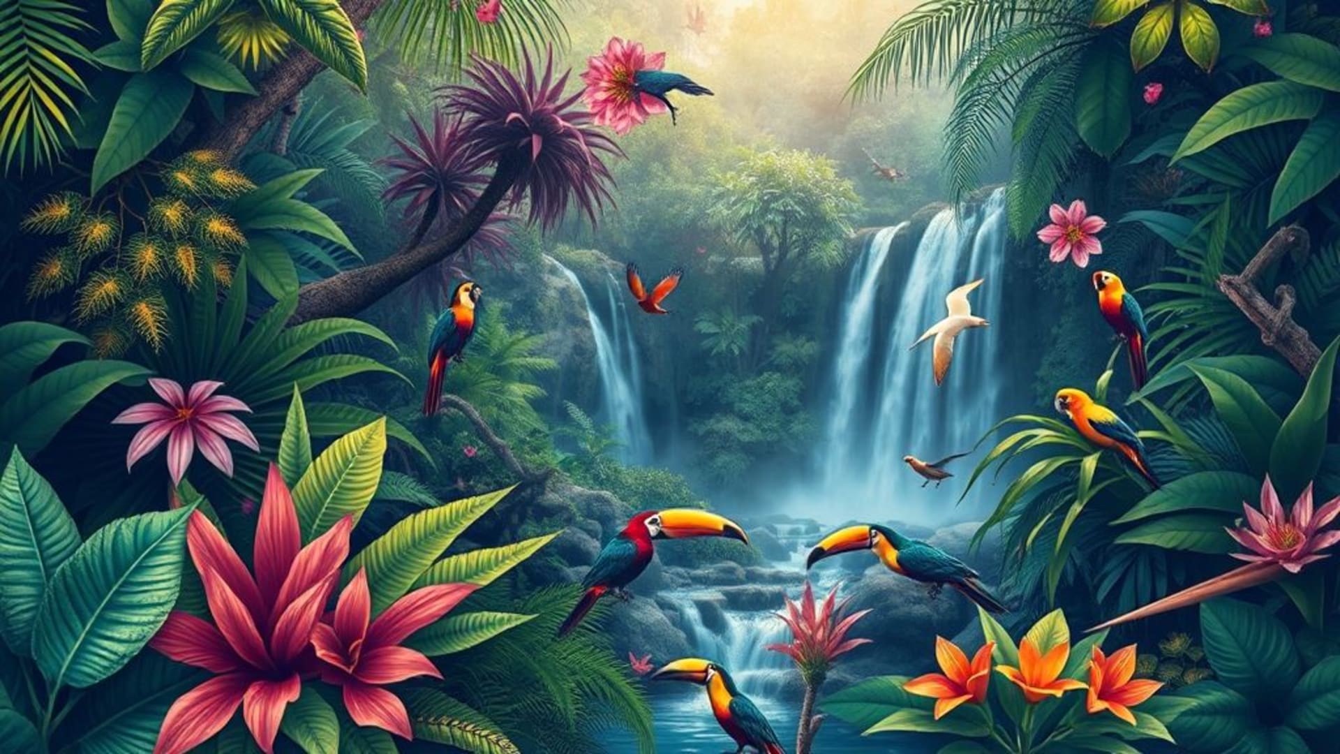 forêt tropicale feuillage luxuriant cascade oiseaux exotique fond ecran couleurs vives
