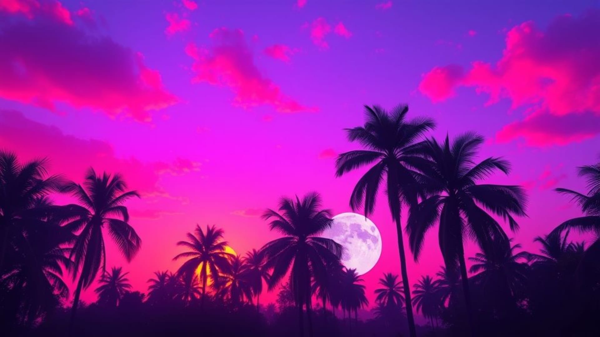 éclat neon vaporwave rétro coucher de soleil palmiers synthwave fond d'écran couleurs vibrantes