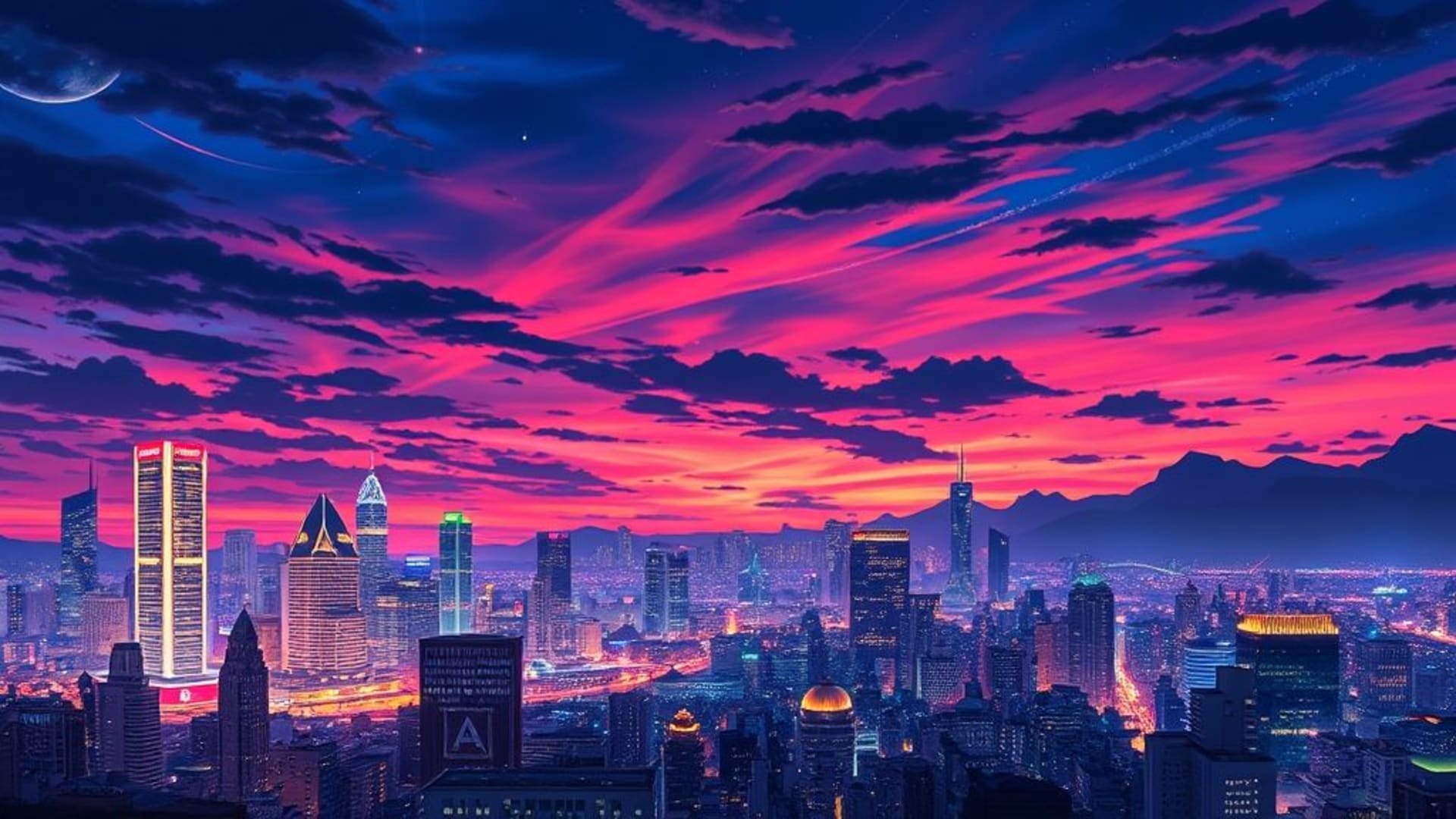 ville animée silhouette urbaine nuit lumières couleurs dramatiques art numérique fond d'écran