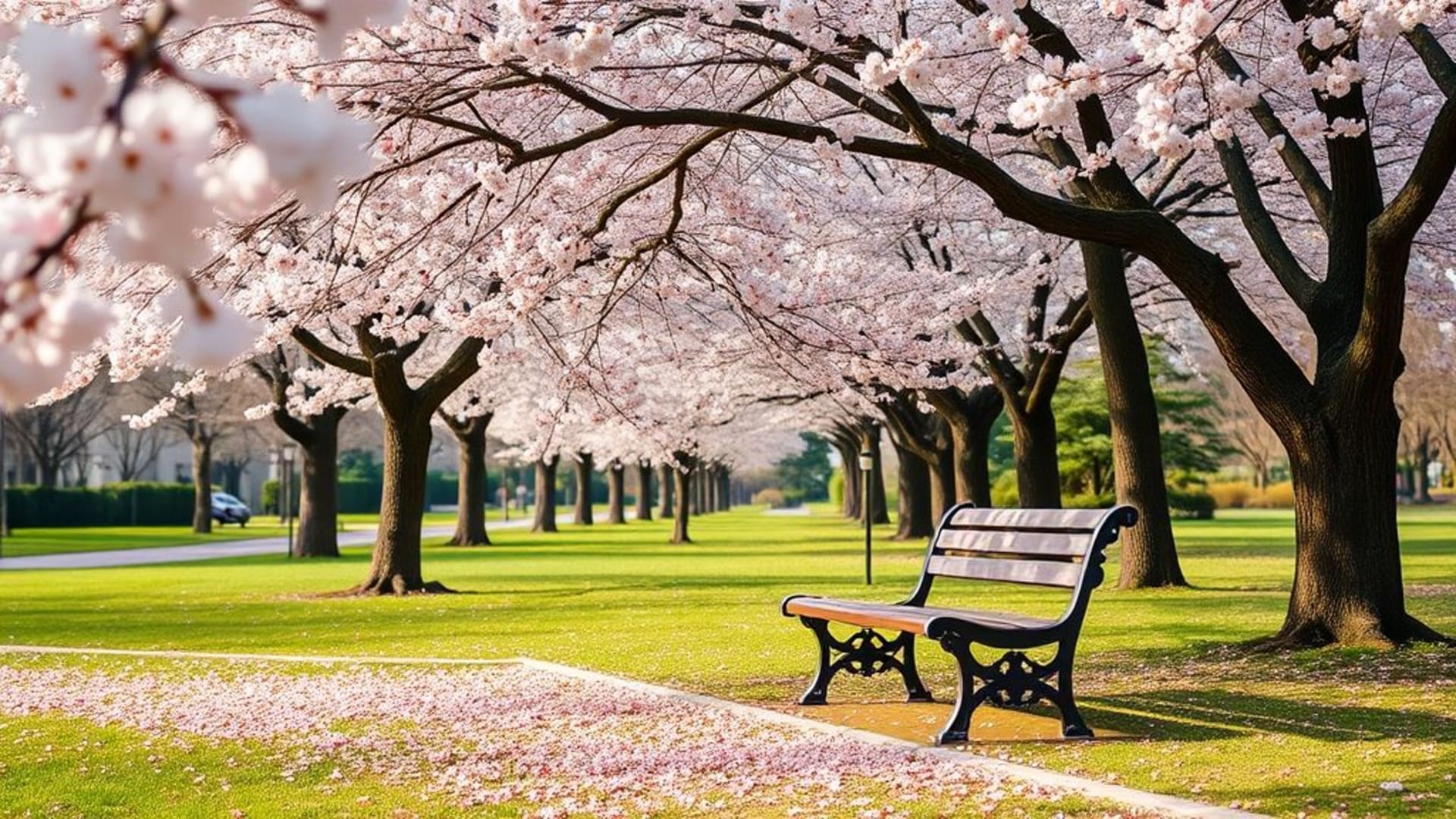 kiosque à sakura et cerisiers en fleurs banc calme fond d'écran pastel ambiance printanière