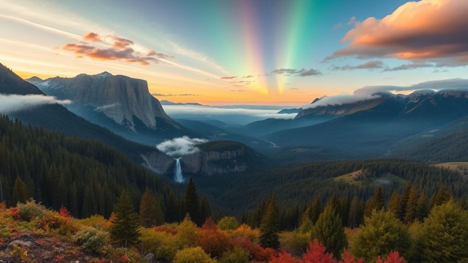 forêt montagnes cascade canyon désert aurore arc-en-ciel côte lever du soleil coucher du soleil prairies prairie nuages brume feuillage