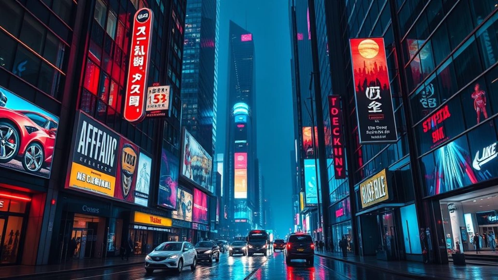 ville cyberpunk néon pluie nuit gratte-ciel reflets hologramme synthwave chrome ruelle rue futuriste circulation panneaux publicitaires
