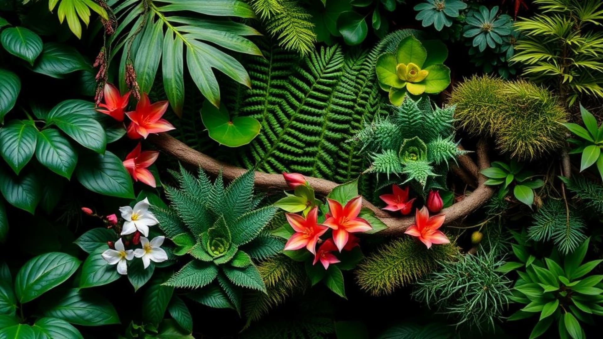 Végétation botanique feuilles fougère mousse cactus succulent forêt tropicale jardin fleurs pétales floraison vignes tiges branches