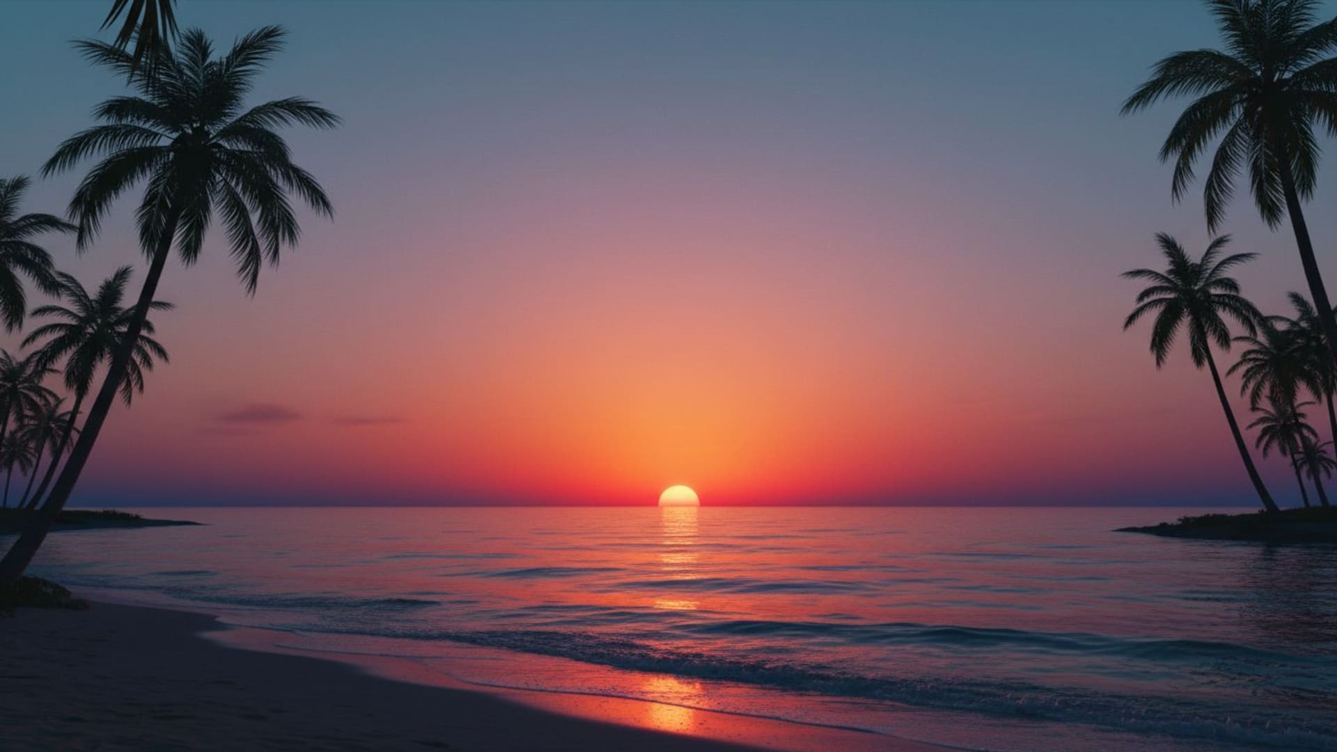 horizon cinématographique silhouettes coucher de soleil plage palmiers océan dégradé tons chauds et froids sérénité tropicale fond d'écran