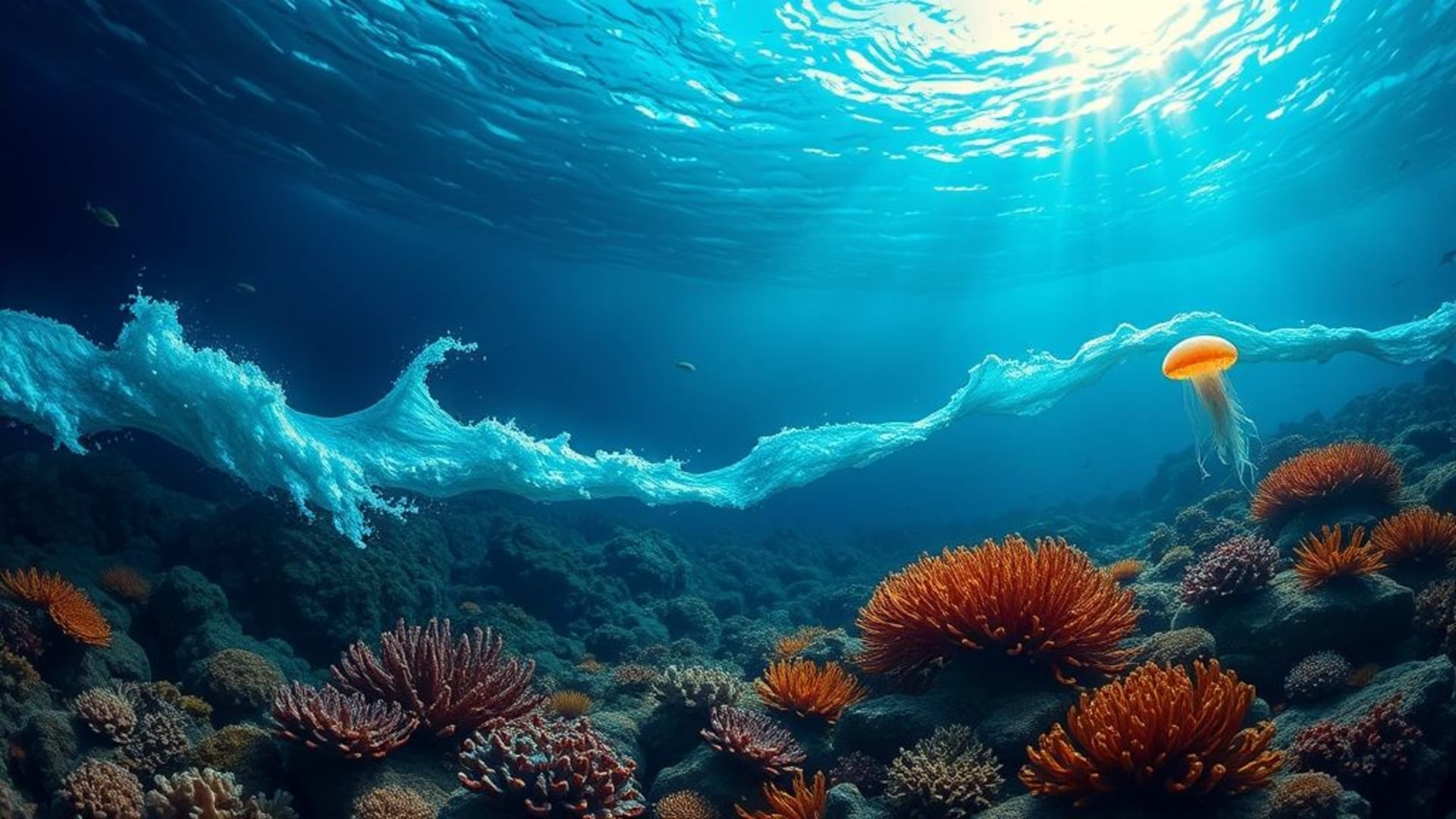 Vagues océaniques récif de corail sous-marin sous l'eau profondeur abysse lagon sirène tortue méduse courant marée fond marin