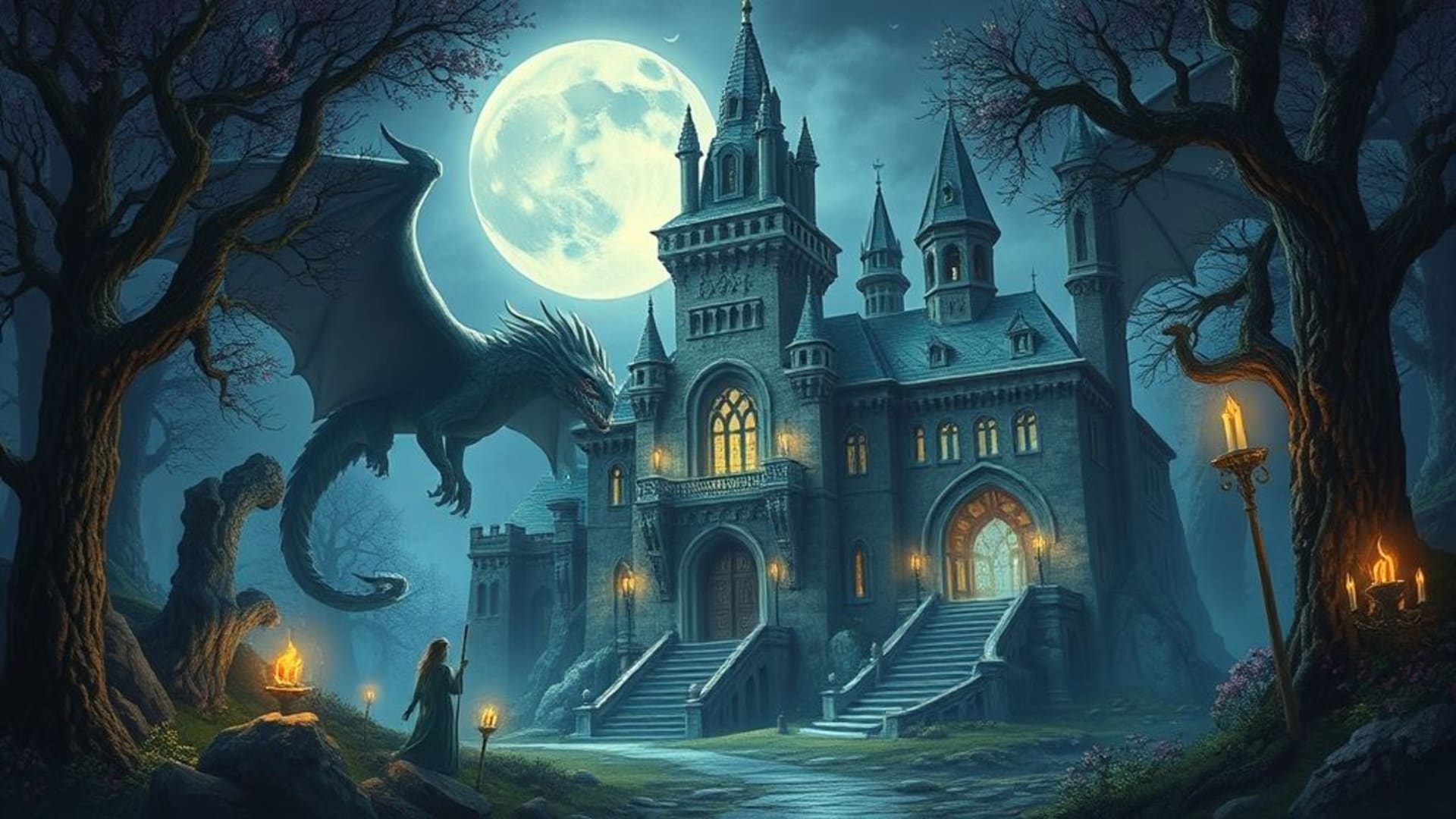 fantaisie mystique magique dragon château elfe clair de lune enchanté mythique forêt grotte portail sortilège aura cristal