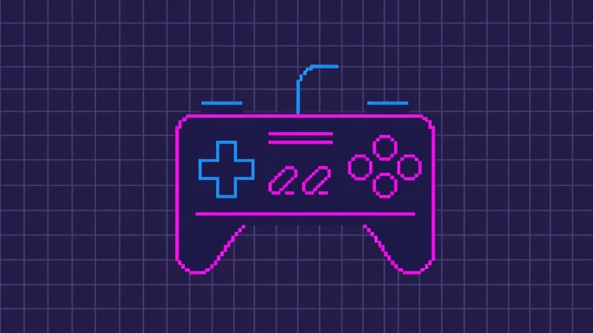 Un sprite de grille d'arcade rétro en 8 bits pixel, néon voxel, jeu minimaliste, chunky raster glitch synthwave contrôle