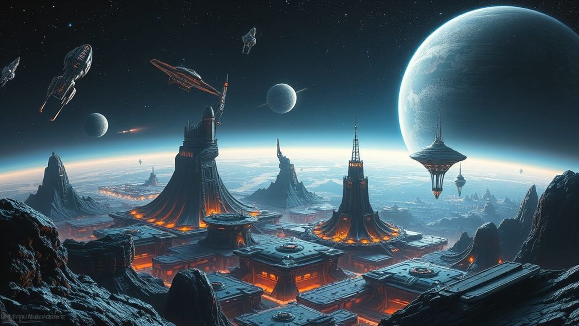Une dystopie extraterrestre de science-fiction avec du chrome, du cybernétique, un port spatial orbital, un vaisseau warp, un réacteur plasma, un astéroïde, un hologramme, un androïde et un mecha