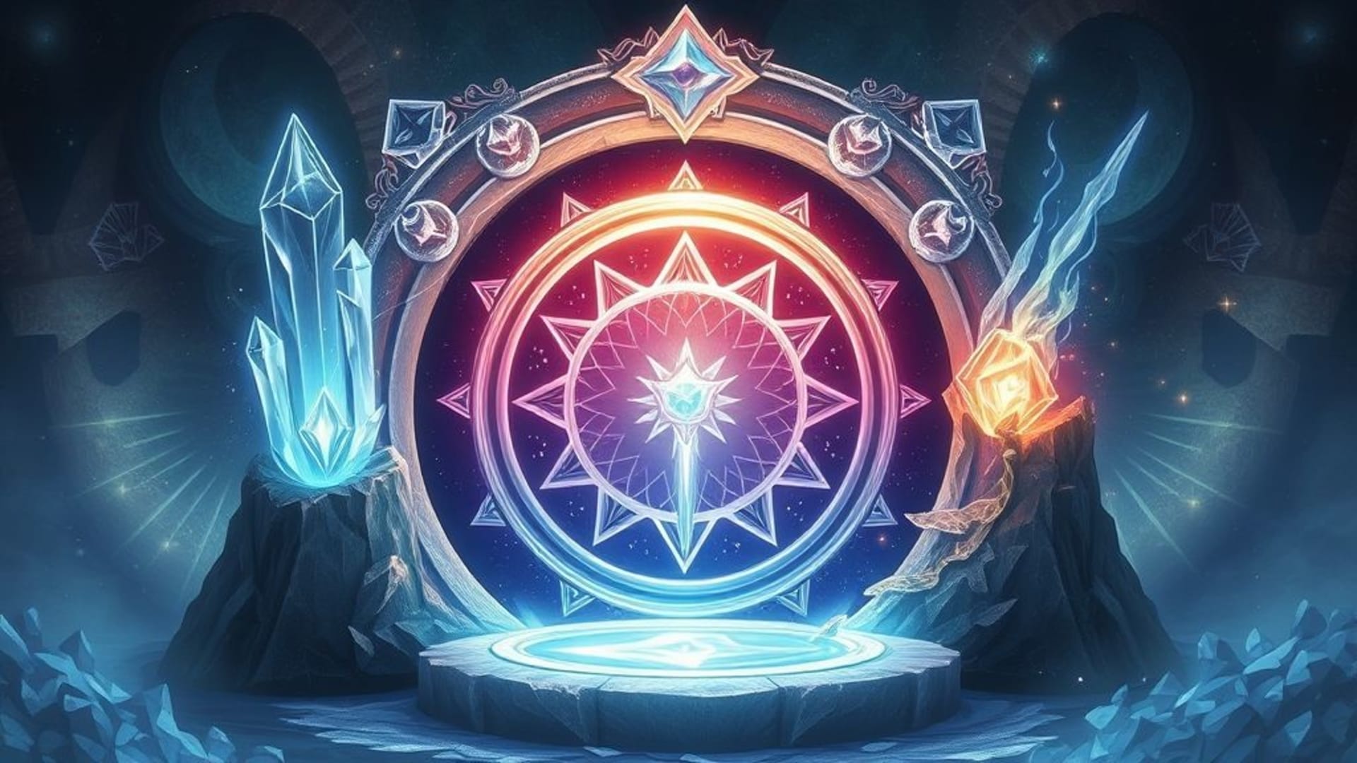 cristal rune portail éther scintillement glyphe aura alchimie mage sort baguette relique mythique sigil magie