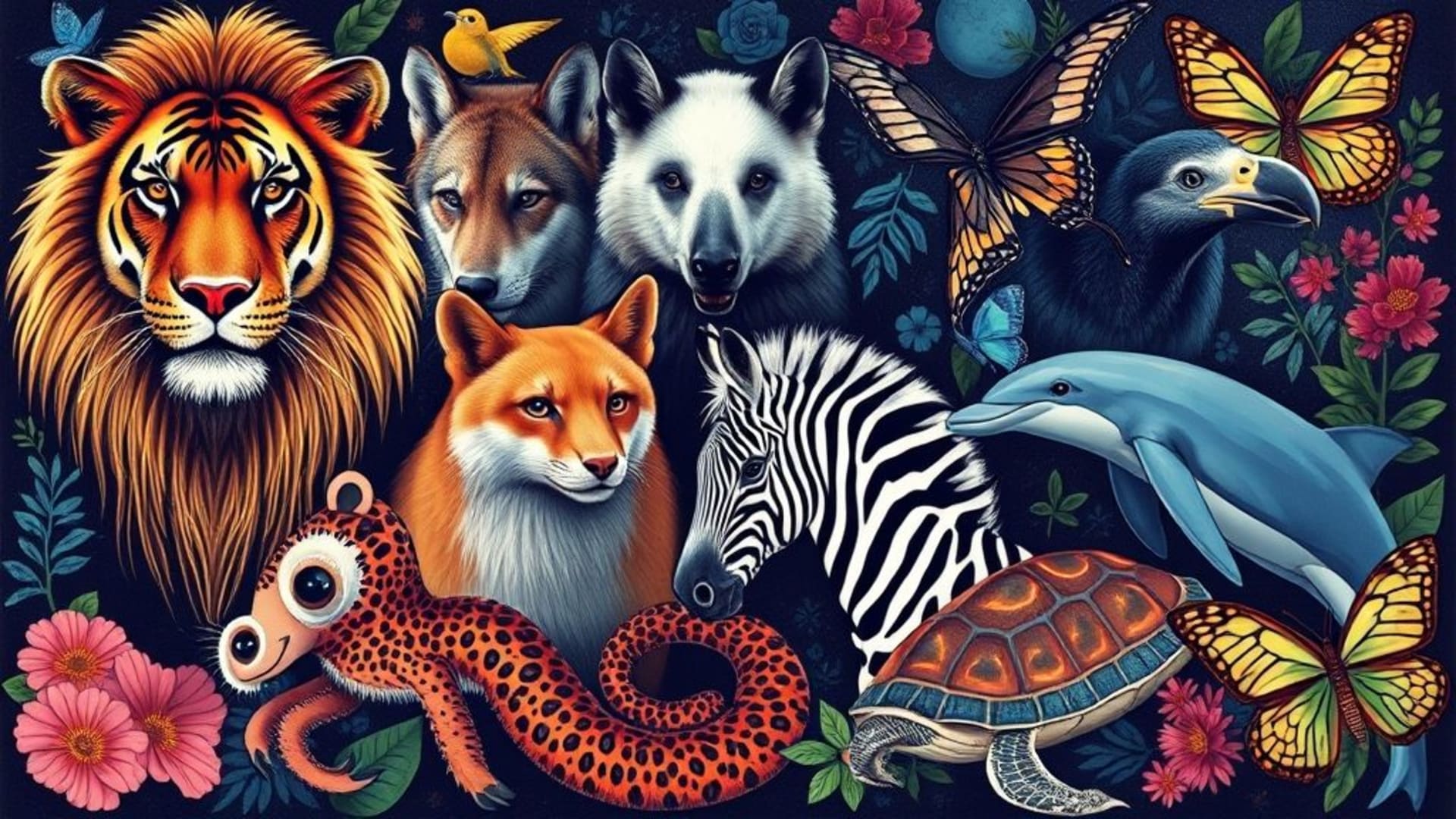 lion tigre loup renard panda aigle poulpe dauphin cheval zèbre léopard perroquet serpent tortue papillon