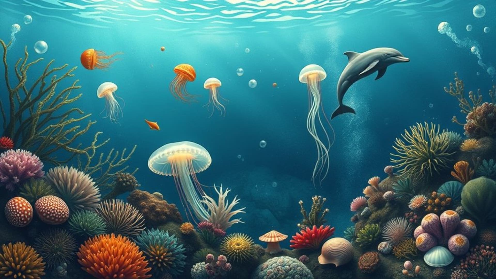 algues corail anémone récif méduse raie calamar dauphin varech coquillage perle abysse courant marée bulle