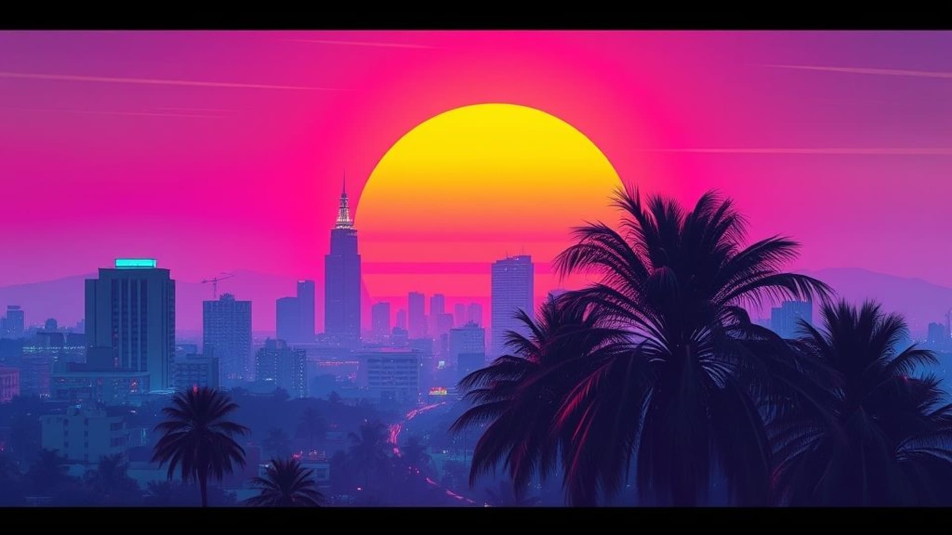 fond ecran esthétique vaporwave ville néon coucher de soleil rétro dégradé glitch années 80 cubisme abstrait palmiers