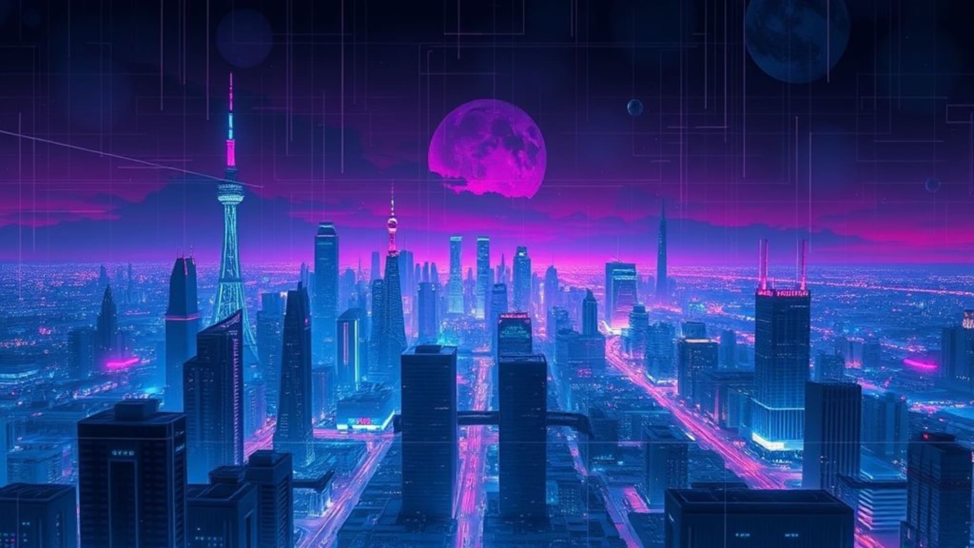 jeux vidéo cyberpunk grille néon horizon ville futuriste nuit art fond d'écran