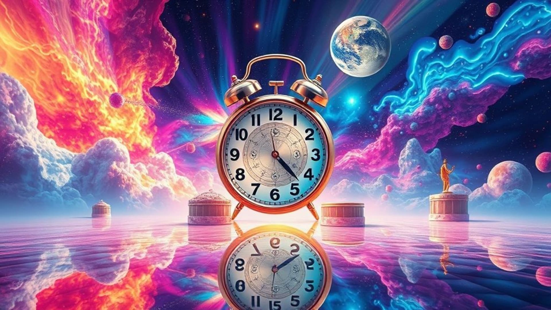 art numérique paysage onirique surréaliste montres fondantes couleurs quantiques vibrantes fond ecran