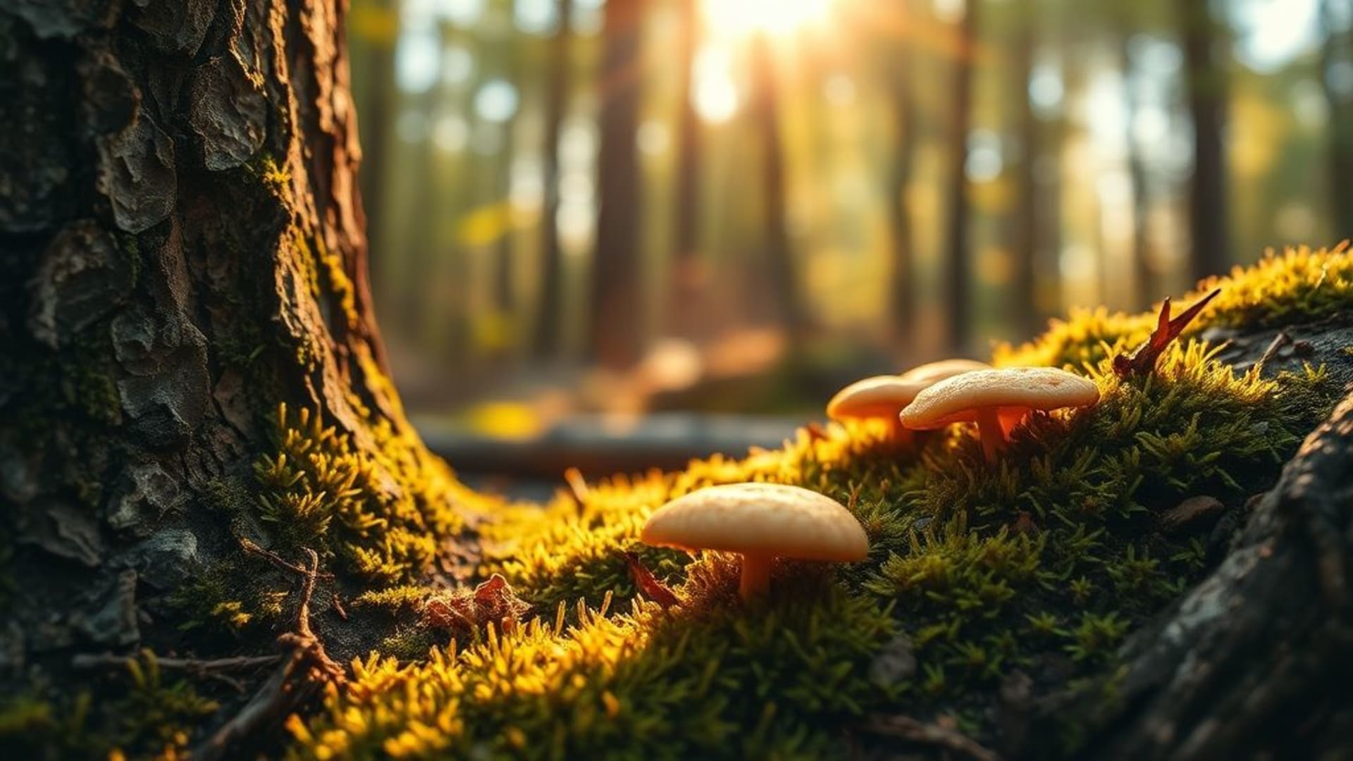 Texture macro de forêt écorce mousse champignons rayon de soleil chaud douillet fond ecran nature gros plan