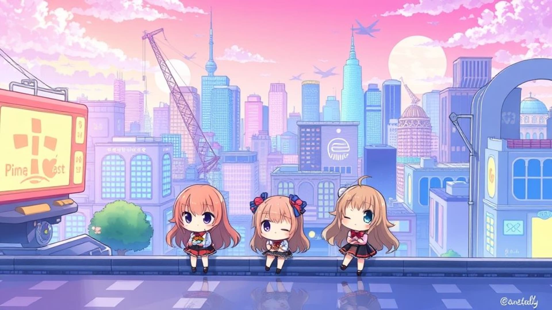 fond ecran coloré d'anime personnages chibi ville fond mignon kawaii art