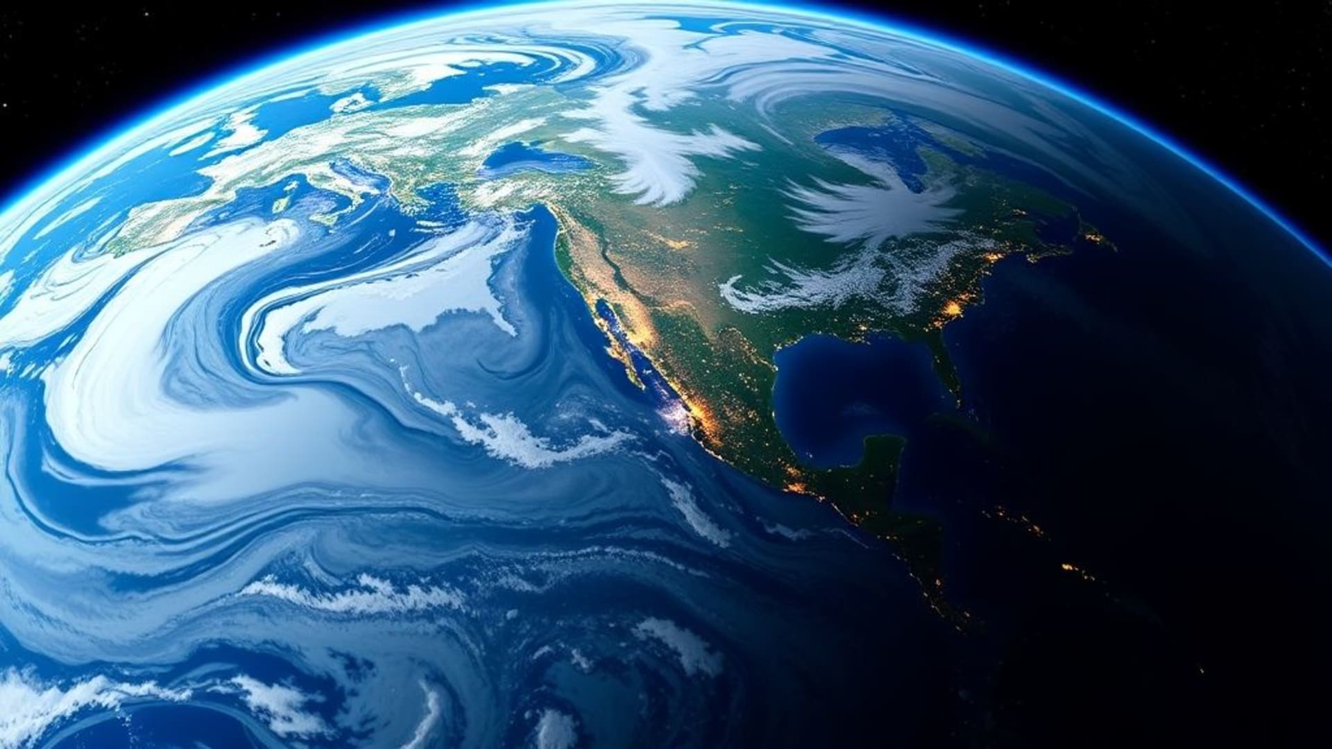lueur de la Terre satellite bleue et blanche nuages continents océan tourbillons fond d'écran