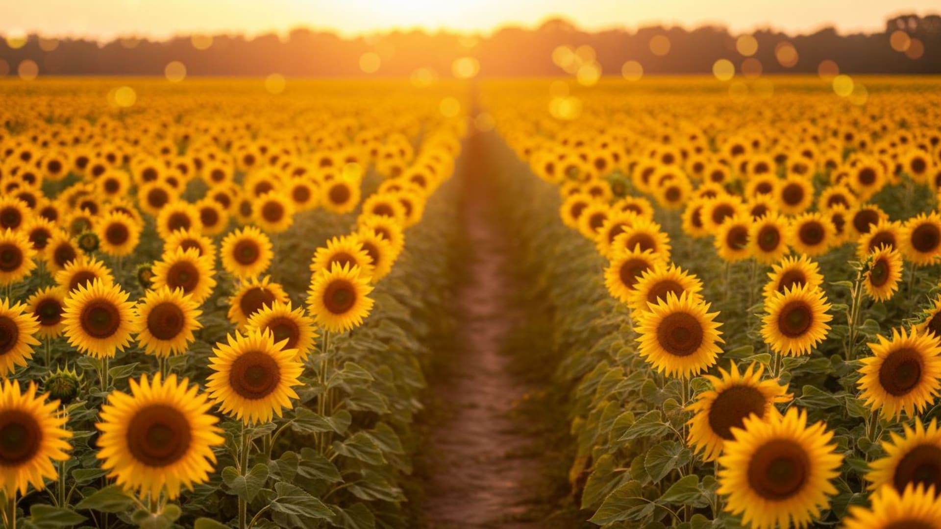 Champ de tournesols à l'heure dorée, lumière chaude du soleil, arrière-plan bokeh, fond ecran joyeux et ambiance rustique campagnarde.