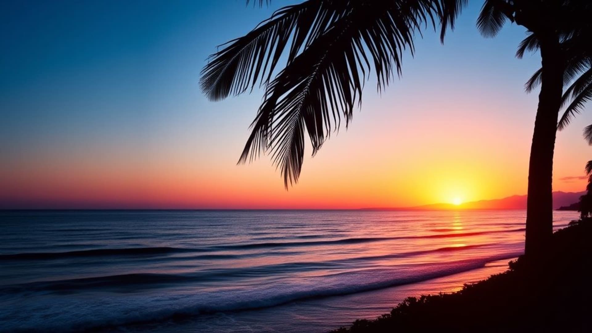 dégradé de coucher de soleil horizon océan ondes calmes palmiers tropicaux silhouette fond d'écran