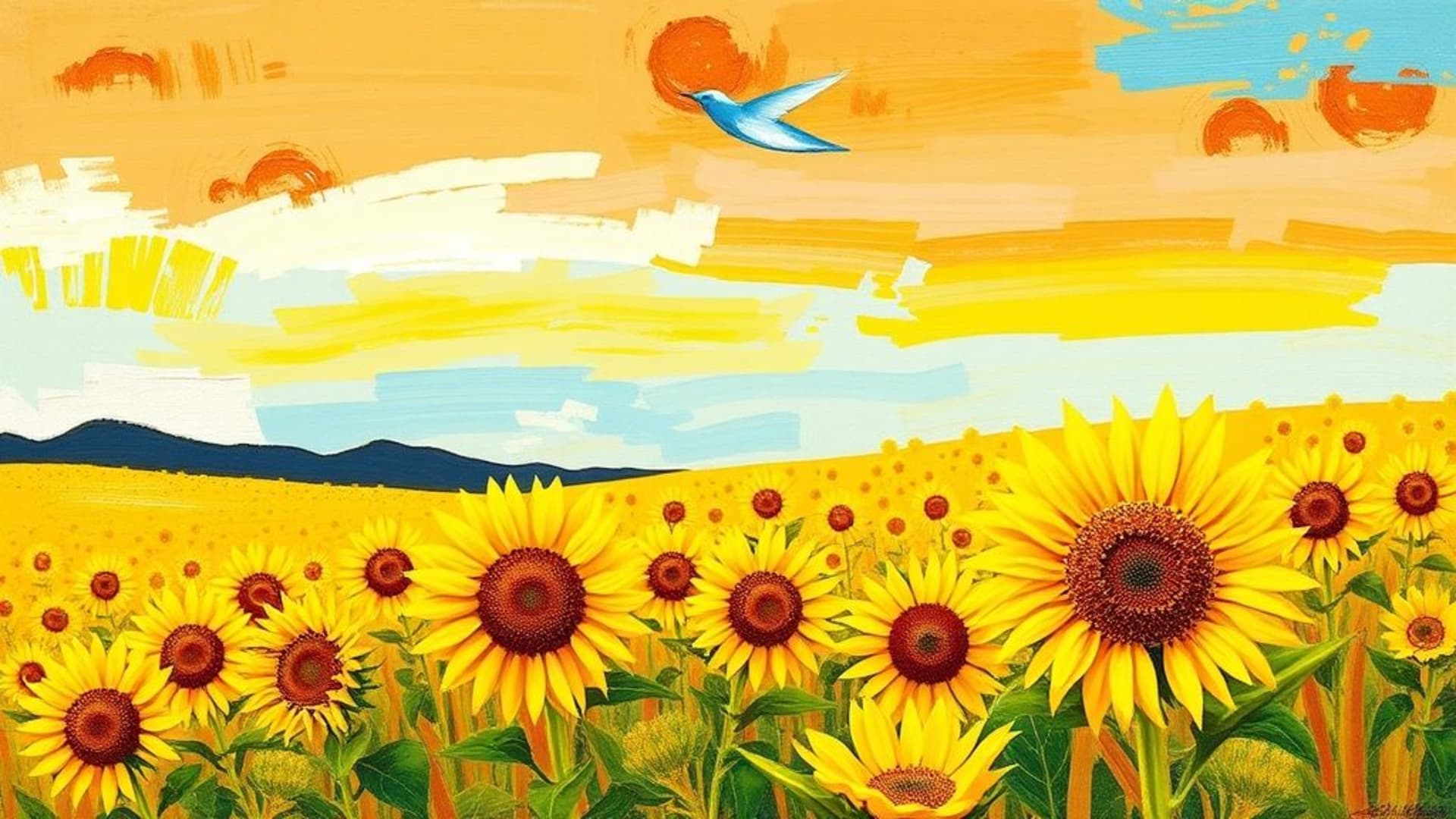 peinture de paysage de champ de tournesols impressionnisme touches de pinceau couleurs vives fond ecran chaud