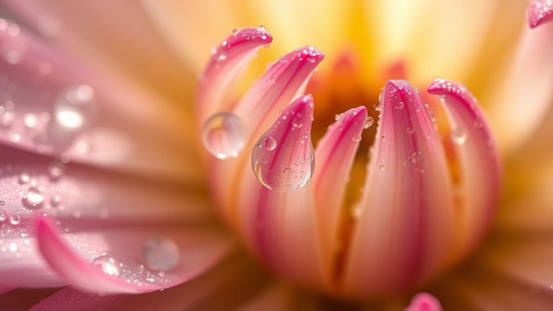 Plan rapproché de fleurs macro avec pétales, gouttes de rosée scintillantes, fond d'écran naturel éclairé par la lumière naturelle