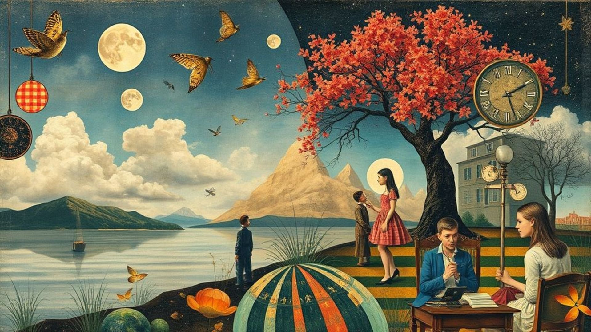 collage surréaliste mêlant médias mixtes figures oniriques nature fond ecran artistique
