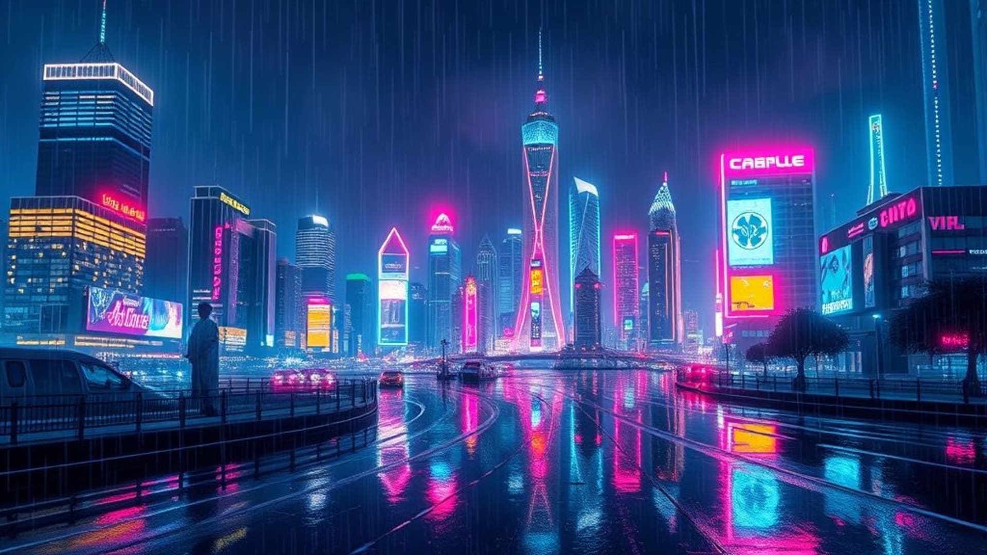 Paysage urbain néon la nuit lumières skyline futuriste cyberpunk palette pluie reflets fond ecran numérique