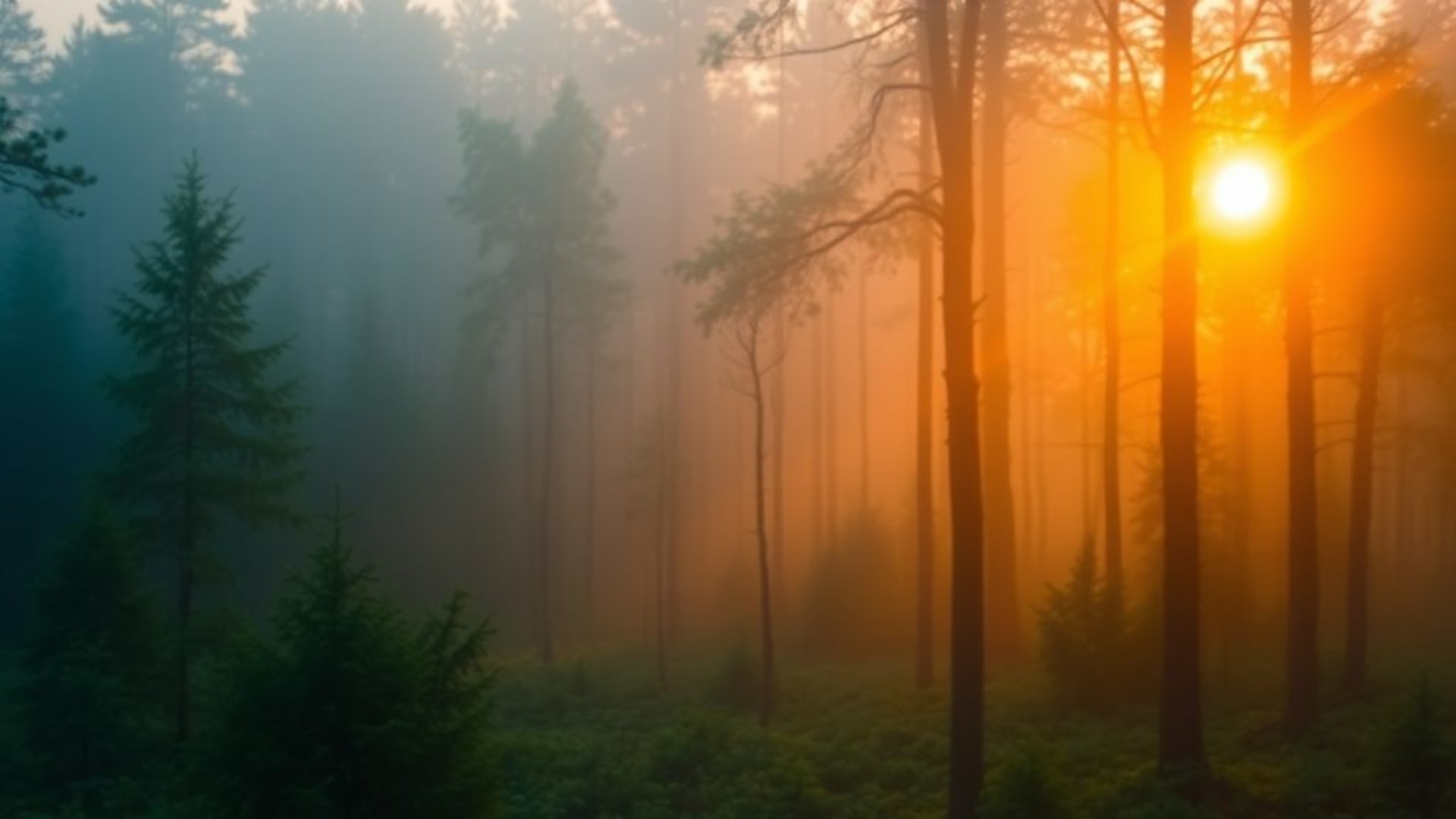 photographie de brume forestière au lever du soleil paysage naturel arbres verts lumière du soleil flou fond d'écran bureau