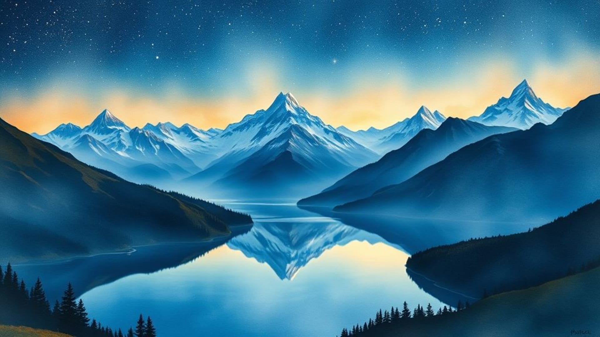 montagnes lac alpin paisible panorama haute altitude étoiles célestes aquarelle fond ecran