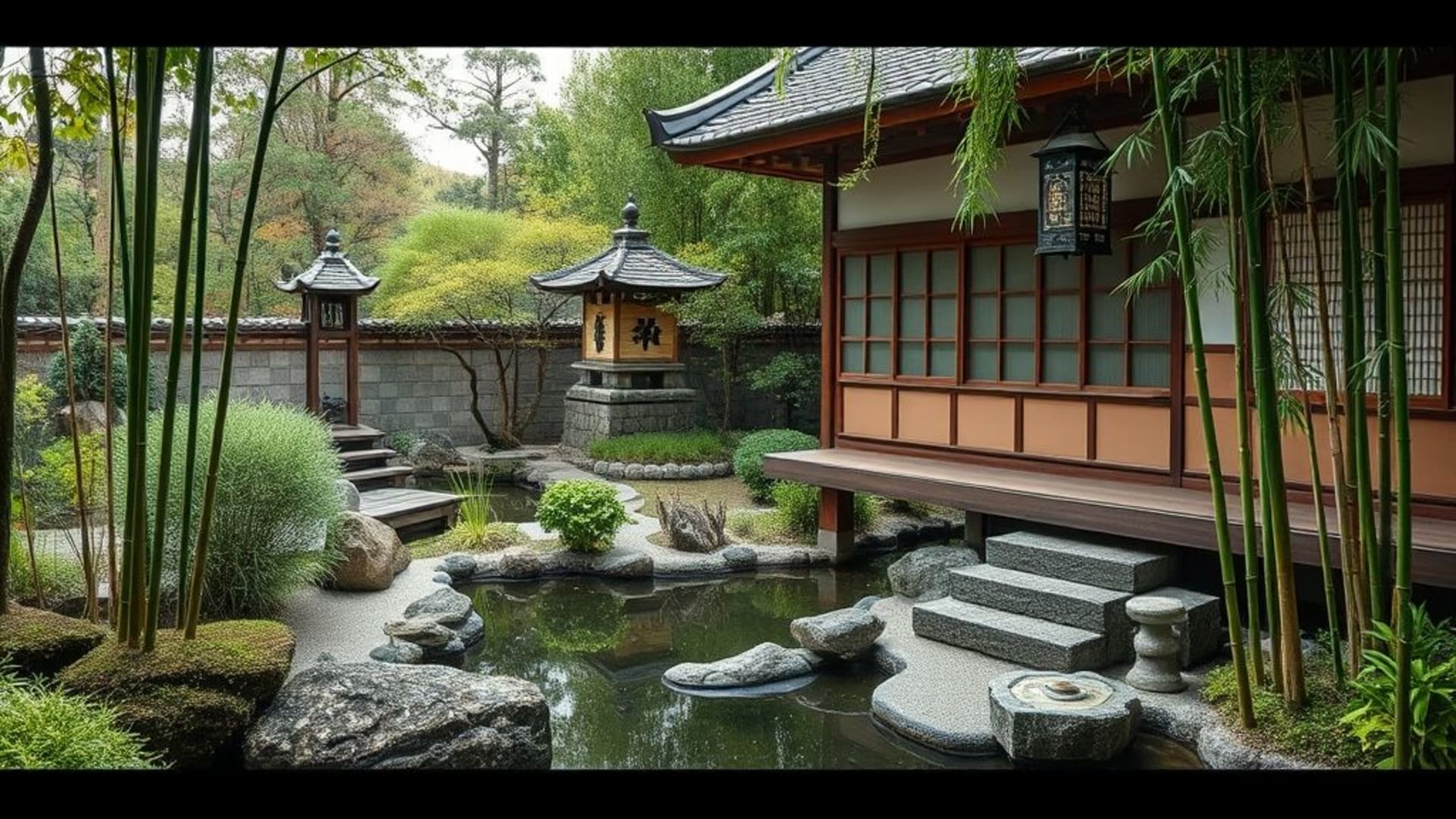 Jardin zen japonais de Kyoto bambou eau pierre lanterne fond ecran paisible