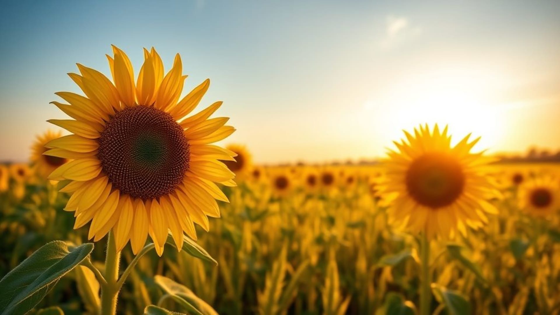 champ de tournesols heure dorée paysage jaune vif luxuriant fond ecran naturel