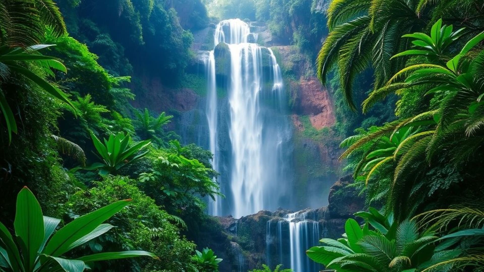 cascade de la forêt tropicale brume de la jungle végétation luxuriante verdure tropicale fond ecran vif textures