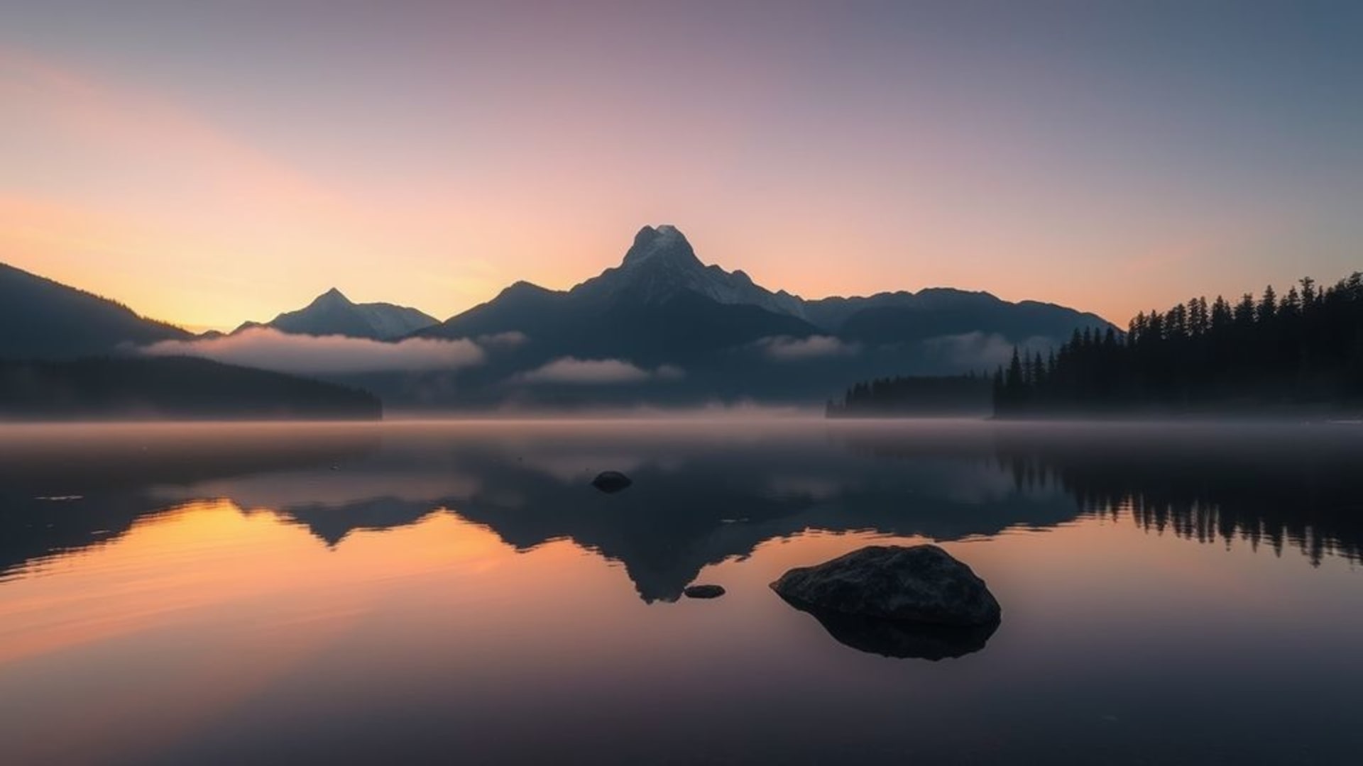 Reflet du lac de montagne à l'aube soleil levant paisible fond ecran paradis alpin brumeux