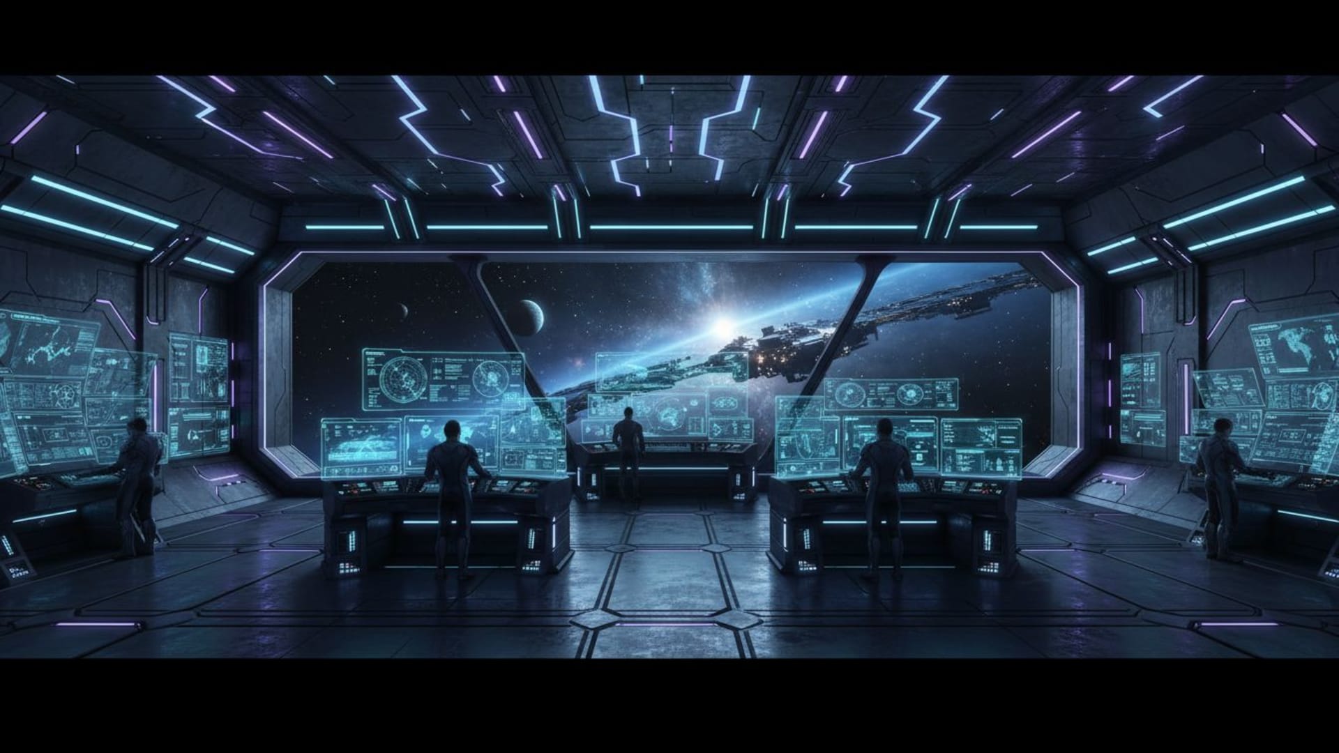 Intérieur d'une station spatiale futuriste, art de science-fiction, fond ecran, panneaux néon, salle de contrôle, lueur holographique.